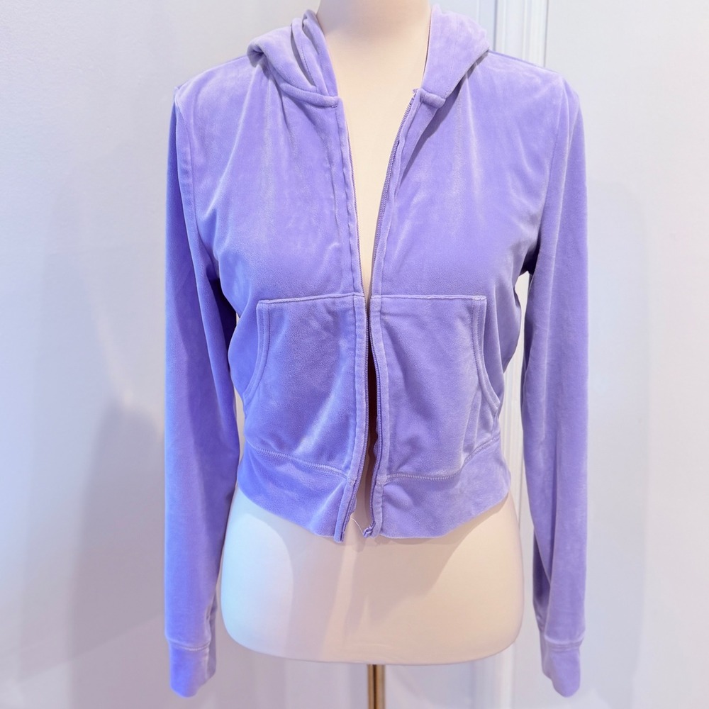 Juicy Couture Purple Velour Rhinestone Logo Zip Up Cropped Hoodie | Size M
